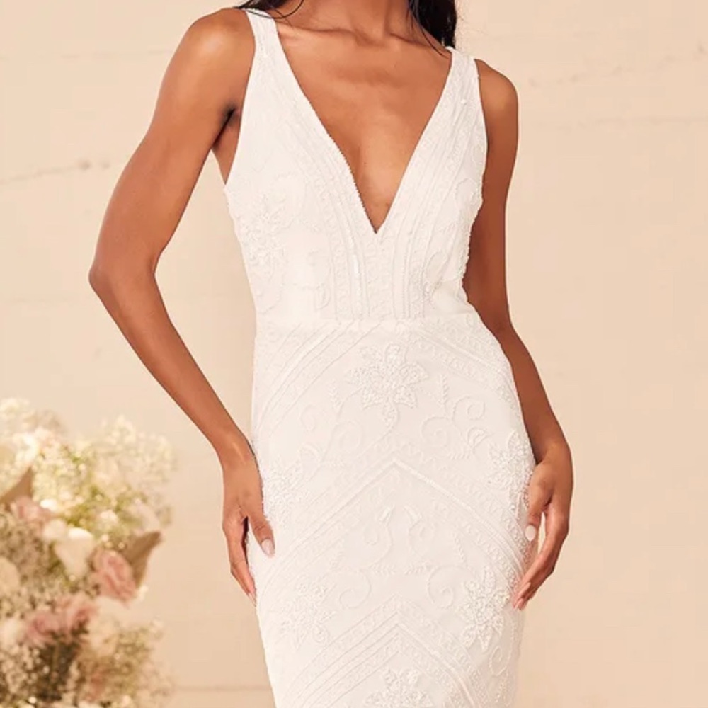 Lulus The Sweetest Vows White Beaded Sequin Mermaid Maxi Dress